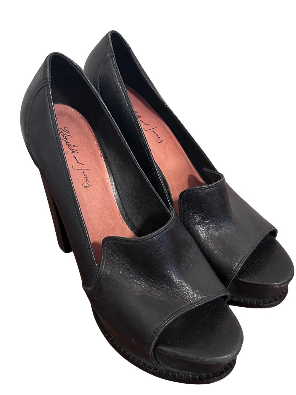 Elizabeth and James Black Leather Peep-Toe Platform Pumps Heels Size 8